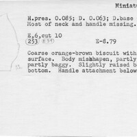 Index card with typed and handwritten information, sometimes including a sketch, of pottery from an excavation.