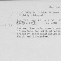 Index card with typed and handwritten information, sometimes including a sketch, of pottery from an excavation.