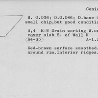 Index card with typed and handwritten information, sometimes including a sketch, of pottery from an excavation.