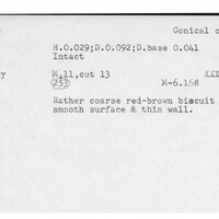 Index card with typed and handwritten information, sometimes including a sketch, of pottery from an excavation.