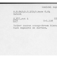 Index card with typed and handwritten information, sometimes including a sketch, of pottery from an excavation.
