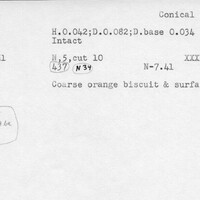 Index card with typed and handwritten information, sometimes including a sketch, of pottery from an excavation.