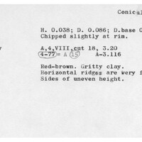 Index card with typed and handwritten information, sometimes including a sketch, of pottery from an excavation.
