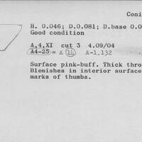 Index card with typed and handwritten information, sometimes including a sketch, of pottery from an excavation.