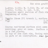 Index card with typed and handwritten information, sometimes including a sketch, of pottery from an excavation.
