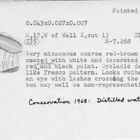 Index card with typed and handwritten information, sometimes including a sketch, of pottery from an excavation.