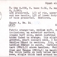 Index card with typed and handwritten information, sometimes including a sketch, of pottery from an excavation.