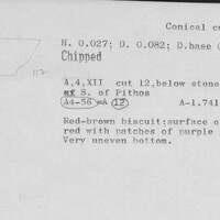 Index card with typed and handwritten information, sometimes including a sketch, of pottery from an excavation.