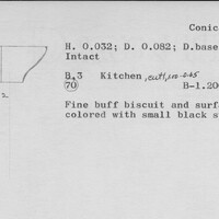 Index card with typed and handwritten information, sometimes including a sketch, of pottery from an excavation.