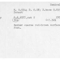 Index card with typed and handwritten information, sometimes including a sketch, of pottery from an excavation.