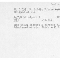 Index card with typed and handwritten information, sometimes including a sketch, of pottery from an excavation.