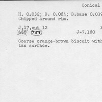 Index card with typed and handwritten information, sometimes including a sketch, of pottery from an excavation.
