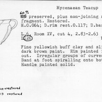 Index card with typed and handwritten information, sometimes including a sketch, of pottery from an excavation.