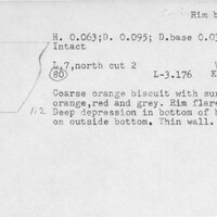 Index card with typed and handwritten information, sometimes including a sketch, of pottery from an excavation.