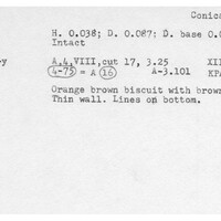 Index card with typed and handwritten information, sometimes including a sketch, of pottery from an excavation.
