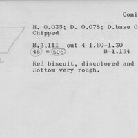 Index card with typed and handwritten information, sometimes including a sketch, of pottery from an excavation.
