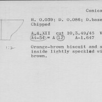 Index card with typed and handwritten information, sometimes including a sketch, of pottery from an excavation.