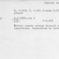 Index card with typed and handwritten information, sometimes including a sketch, of pottery from an excavation.
