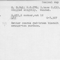 Index card with typed and handwritten information, sometimes including a sketch, of pottery from an excavation.