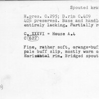 Index card with typed and handwritten information, sometimes including a sketch, of pottery from an excavation.