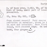 Index card with typed and handwritten information, sometimes including a sketch, of pottery from an excavation.