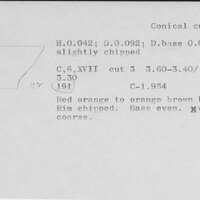 Index card with typed and handwritten information, sometimes including a sketch, of pottery from an excavation.