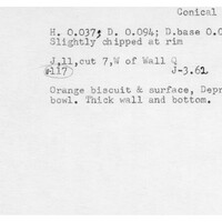 Index card with typed and handwritten information, sometimes including a sketch, of pottery from an excavation.