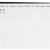 Index card with typed and handwritten information, sometimes including a sketch, of pottery from an excavation.
