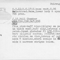 Index card with typed and handwritten information, sometimes including a sketch, of pottery from an excavation.