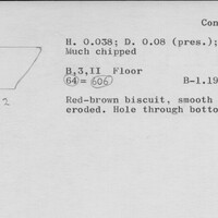 Index card with typed and handwritten information, sometimes including a sketch, of pottery from an excavation.