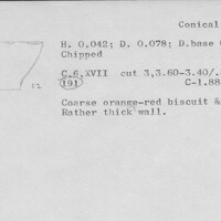 Index card with typed and handwritten information, sometimes including a sketch, of pottery from an excavation.