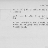 Index card with typed and handwritten information, sometimes including a sketch, of pottery from an excavation.