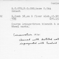 Index card with typed and handwritten information, sometimes including a sketch, of pottery from an excavation.