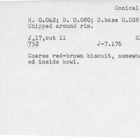 Index card with typed and handwritten information, sometimes including a sketch, of pottery from an excavation.