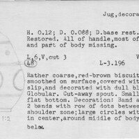 Index card with typed and handwritten information, sometimes including a sketch, of pottery from an excavation.