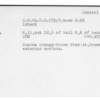 Index card with typed and handwritten information, sometimes including a sketch, of pottery from an excavation.
