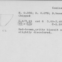 Index card with typed and handwritten information, sometimes including a sketch, of pottery from an excavation.