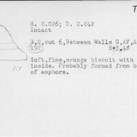 Index card with typed and handwritten information, sometimes including a sketch, of pottery from an excavation.