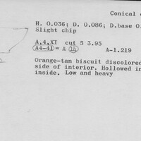 Index card with typed and handwritten information, sometimes including a sketch, of pottery from an excavation.