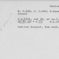 Index card with typed and handwritten information, sometimes including a sketch, of pottery from an excavation.
