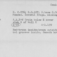 Index card with typed and handwritten information, sometimes including a sketch, of pottery from an excavation.