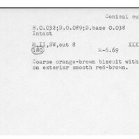 Index card with typed and handwritten information, sometimes including a sketch, of pottery from an excavation.