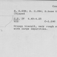 Index card with typed and handwritten information, sometimes including a sketch, of pottery from an excavation.