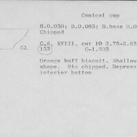 Index card with typed and handwritten information, sometimes including a sketch, of pottery from an excavation.