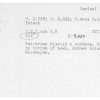 Index card with typed and handwritten information, sometimes including a sketch, of pottery from an excavation.