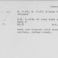 Index card with typed and handwritten information, sometimes including a sketch, of pottery from an excavation.
