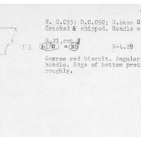 Index card with typed and handwritten information, sometimes including a sketch, of pottery from an excavation.