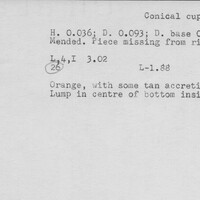 Index card with typed and handwritten information, sometimes including a sketch, of pottery from an excavation.
