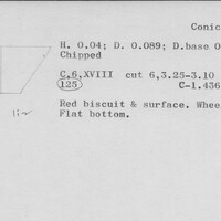 Index card with typed and handwritten information, sometimes including a sketch, of pottery from an excavation.