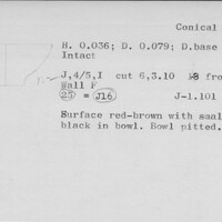 Index card with typed and handwritten information, sometimes including a sketch, of pottery from an excavation.